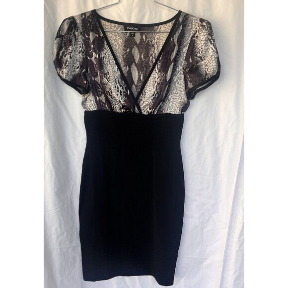 Y2K Glam Bebe Snake Print Bandage Dress Women Medium Cap Sleeve Bodycon Clubwear - Picture 1 of 6